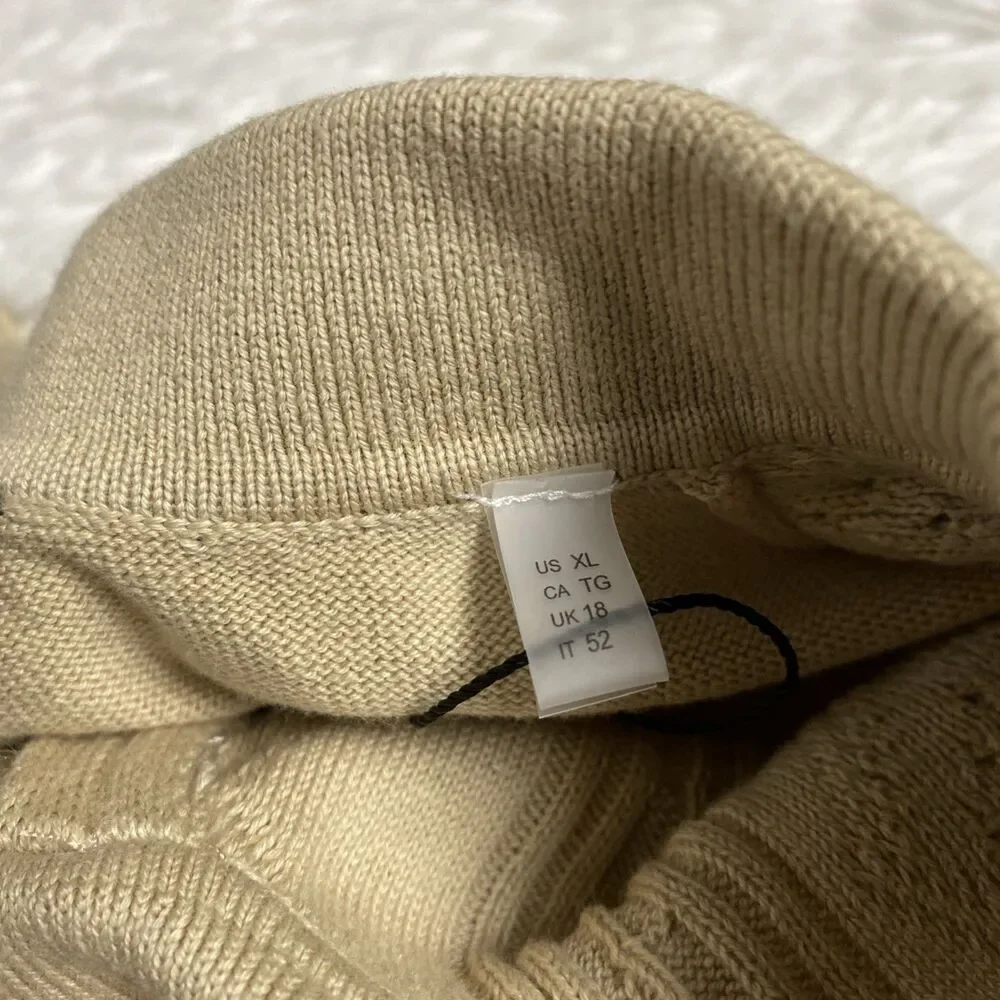 Elie Tahari Polo Shirt Sweater Mens XL Beige Tan Textured Knit Short Sleeve Zip